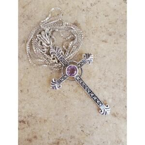 Crucifix Jesus Amethyst Cross Pendant in Sterling Silver 925, 24in